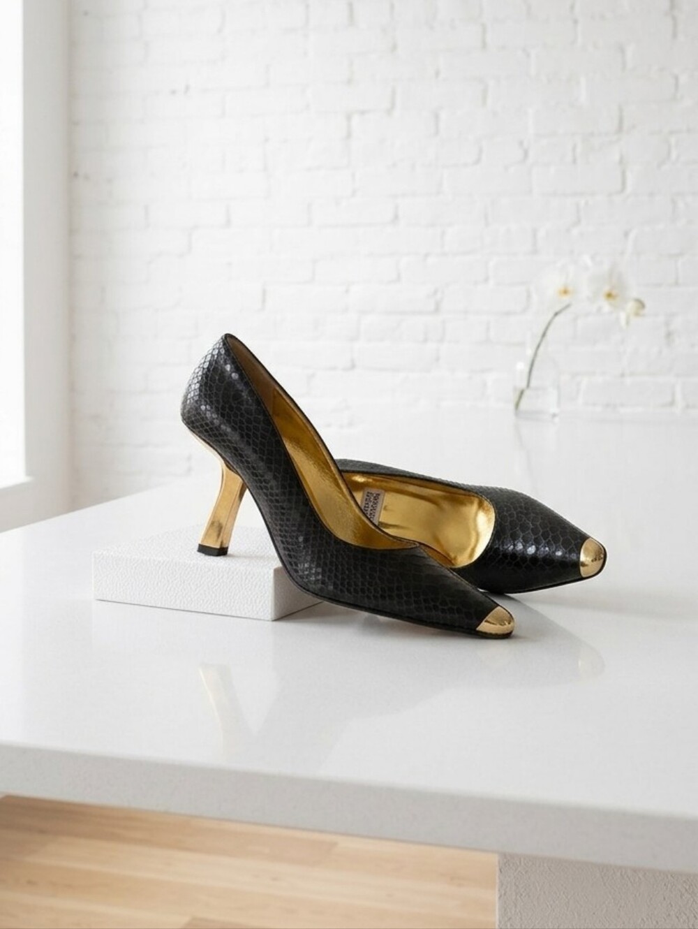 Timothy Hitsman Black Textured Pumps with Gold Toe & Heel